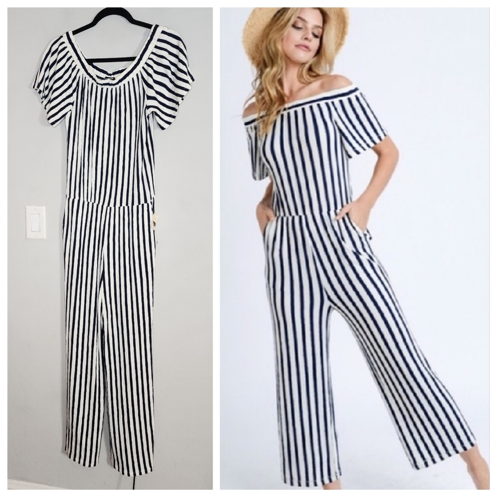 NWT Love Tree On/Off Shoulder Blue White Stripe Stretchy Jumpsuit Size‎ 1XL